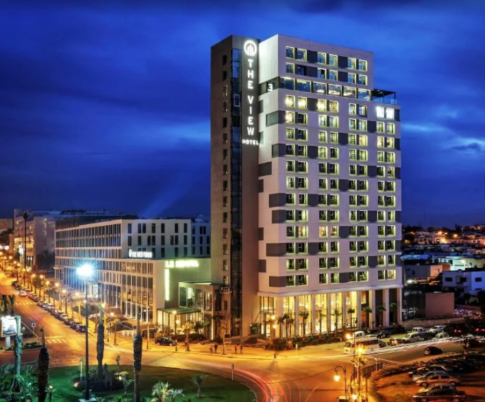 The View Hotel exterior at night